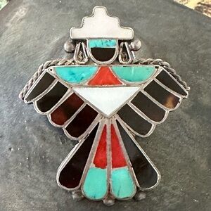 Rare Very Old Vintage Zuni Knifewing Brooch Pin Sterling Silver Inlay Turquoise